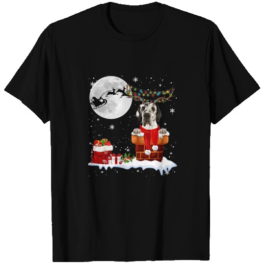 Dog Great Dane Chimney Ugly Christmas Lights Xmas Pajamas T-Shirt T-Shirts