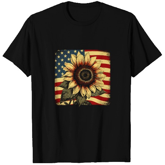 vintages Sunflower US American Flag Streetwear Patriotic Art 1 T-Shirts