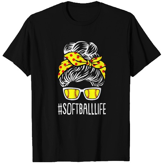 Womens Mom Life Softball Baseball Mothers Day Messy Bun T-Shirts
