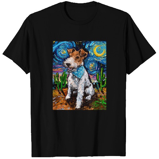 Wire Fox Terrier Starry Night Dog Southwest Art by Aja T-Shirts