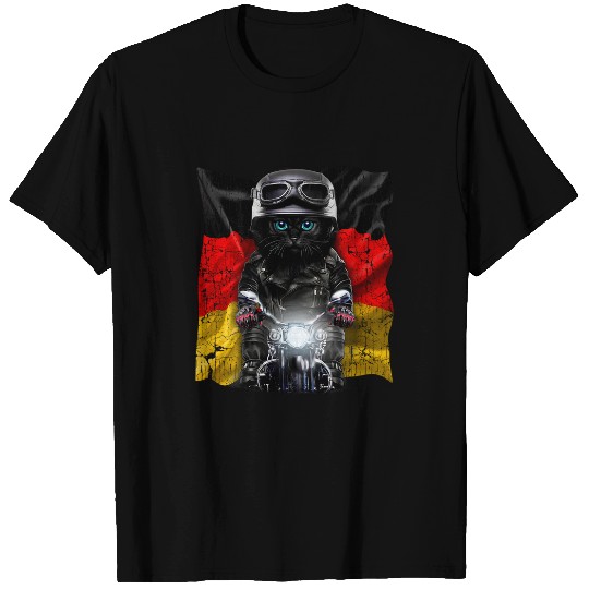 Patriot Fluffy black cats on Motorcycle with Flag of Germany T-Shirts