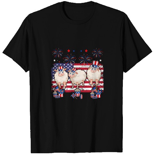 vintages American Flag Three Cute Sheeps Costume Fireworks T-Shirts