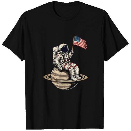 Patriotic Astronaut On Saturn 4th Of July USA American Flag T-Shirts