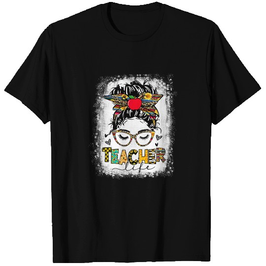 Teacher Life Messy Bun Glasses Leopard Sunflower Mothers Day T-Shirts