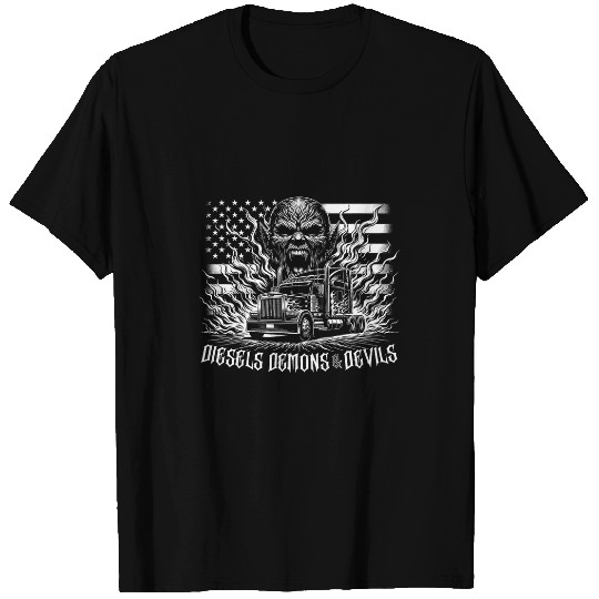 Diesels Demons and Devils American Flag Semi Big Rig Trucker T-Shirts