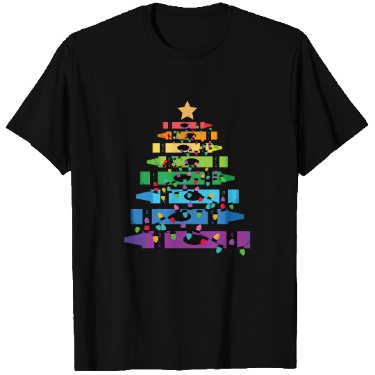 Teacher Crayon Christmas Tree Lights Student School Xmas T-Shirts