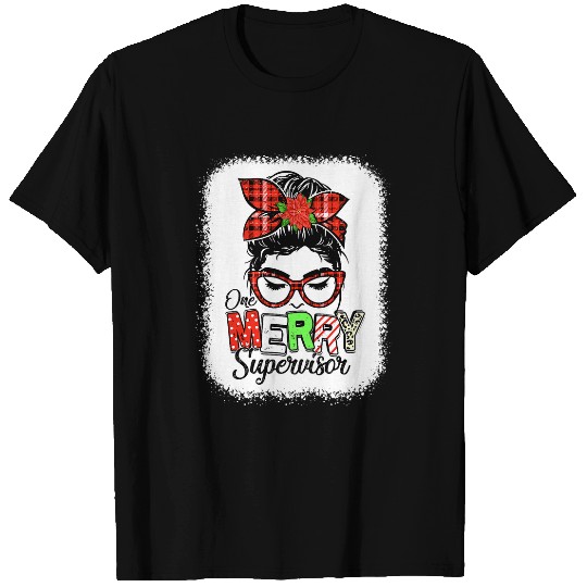 Bleached Red Plaid One Merry Supervisor Messy Bun Christmas T-Shirts