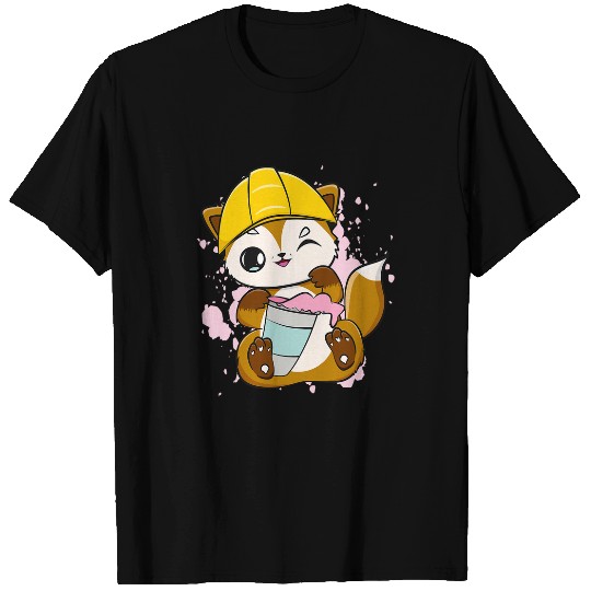 Construction Worker Fox Drinks Bubble Tea For Boba Tea Lover T-Shirts