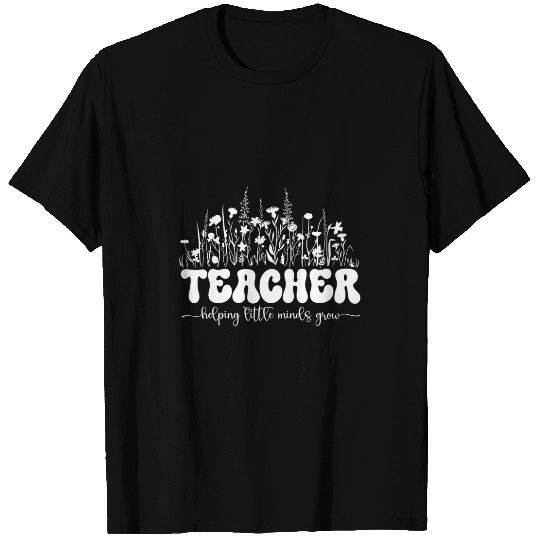 Helping Little Minds Grow Floral Groovy Education Teacher T-Shirts