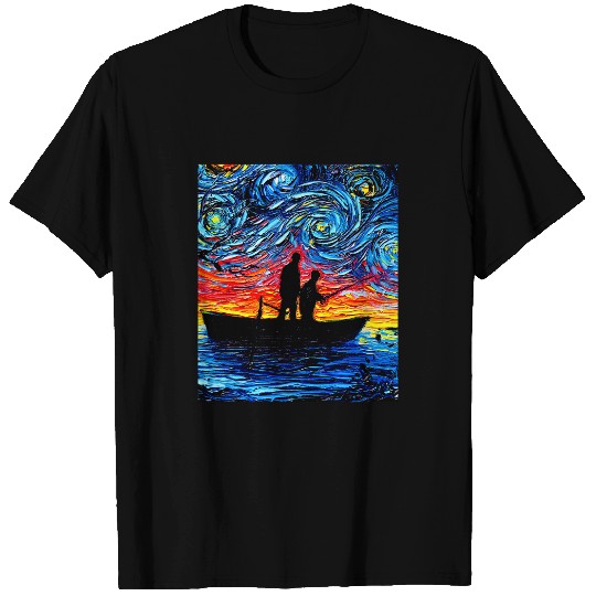 Father Son Fishing Trip Starry Night Boat Art by Aja T-Shirts