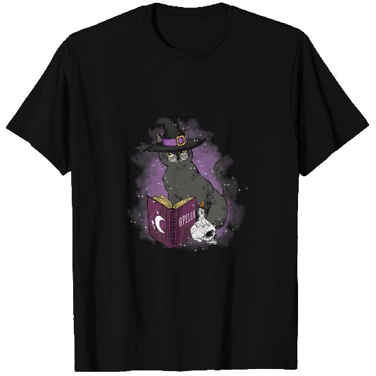 Cat and Witch Cats Spell Book Spiritual Design T-Shirts
