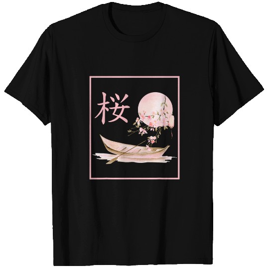Japanese Pink Cherry Blossom With Boat Sakura Kanji Spring T-Shirts