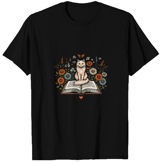 Book Cottagecore Flowers Reading Library Librarian Cat T-Shirts