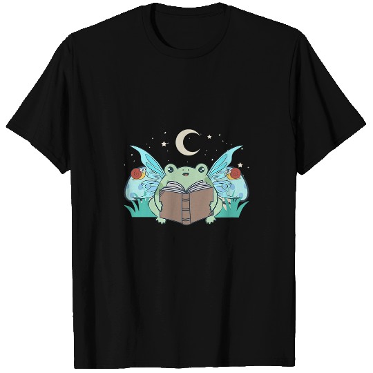 Cottagecore Aesthetic Cute Kawaii Frog Fairy Reading Book T-Shirts