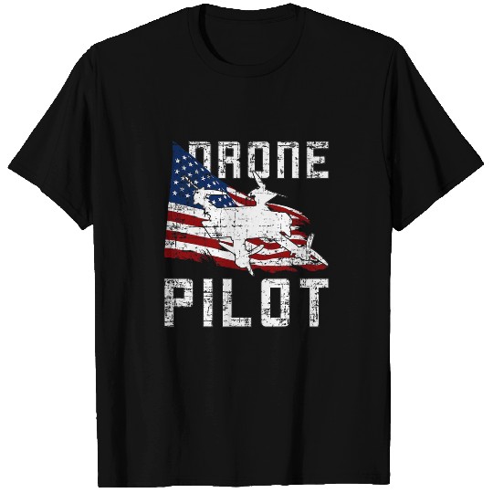 RC Quadrocopter Drone Flying In Front Of US Flag For Pilots T-Shirts