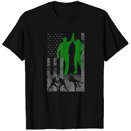 Wrestling American Flag Green Female Wrestler on US Flag T-Shirts