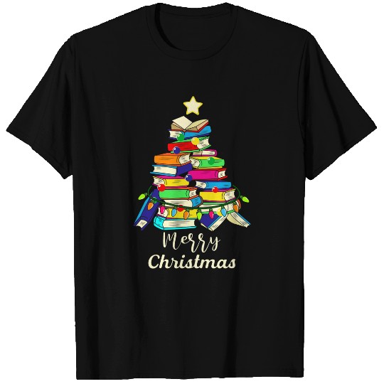 merry christmas tree book lover geek nerd reading book T-Shirts