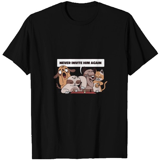Dogs Cats Playing Chess With Sloth Funny Slow Animal Cartoon T-Shirts