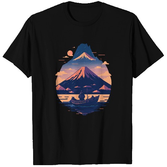 Sunset River Voyage Serene Boat and Mount Fuji Scenery T-Shirts