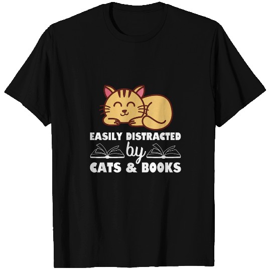 Easily Distracted by Cats and Books Cat And Book Lover 1 T-Shirts
