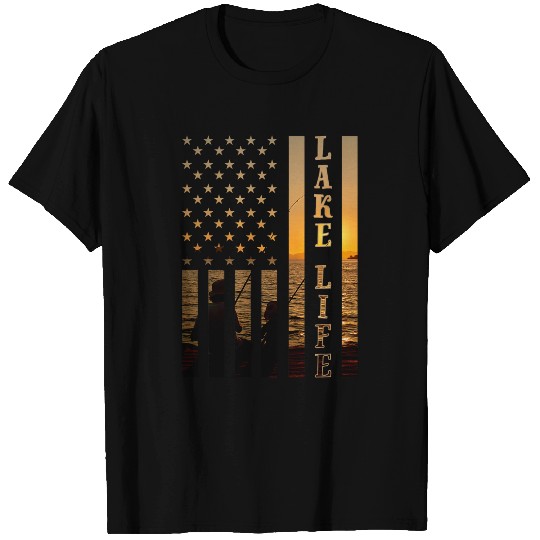 sunset lake life fisherman american flag fishing boat lover T-Shirts