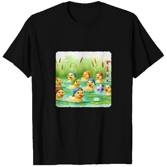 Ducks Playing Water Polo In Pond Caps Energetic Playful T-Shirts