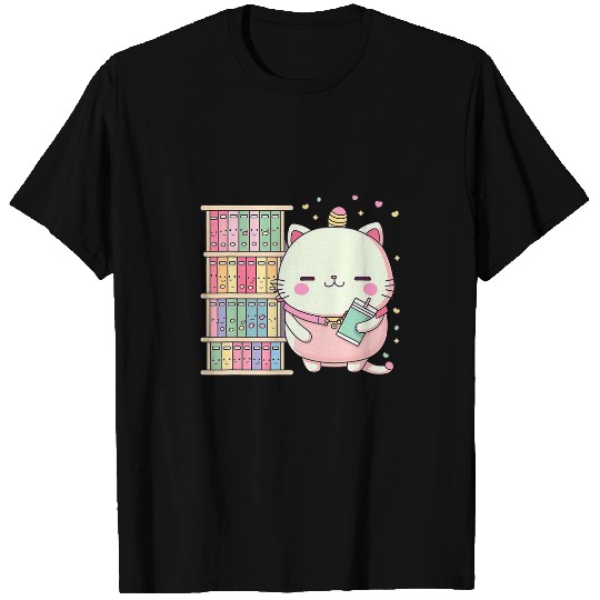 Cute Kawaii Book and Cat Lover Librarian Reading T-Shirts