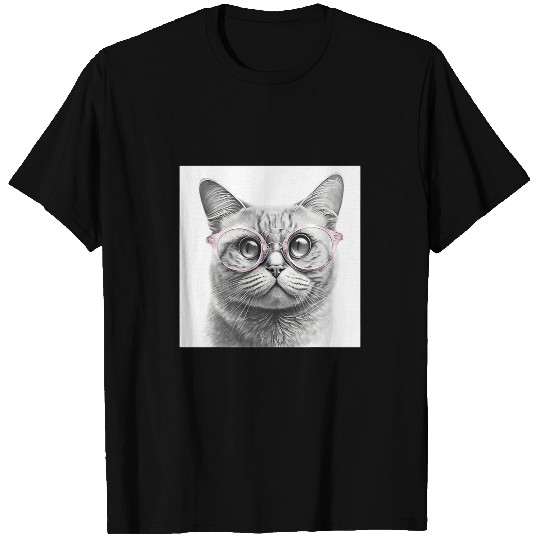 Pencil Drawing of Curious Cat Wearing Light Pink Glasses T-Shirts