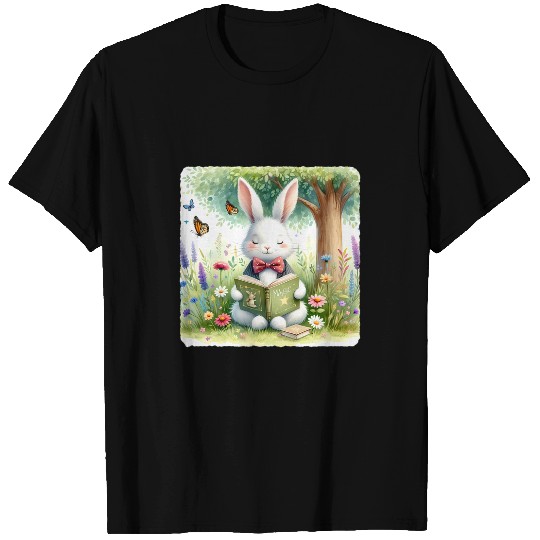 Rabbit In Bow Tie Reads Spell Book In Meadow Reading T-Shirts