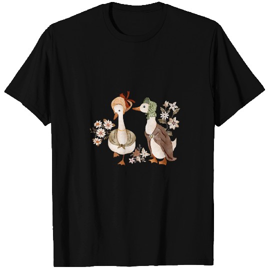 Goose Cottagecore Watercolor Drawing Two Geese with Flowers T-Shirts