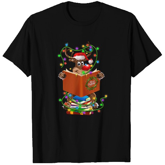 Reindeer Reading Books Christmas Lights Ornaments Book Lover T-Shirts