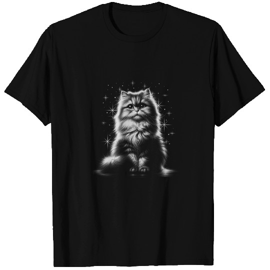 Cute Persian Cat Drawing Style Under Starry Sky T-Shirts