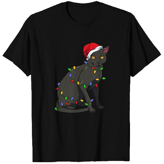 Cat Christmas Light Meowing Animal Winter Season Fan Black T-Shirts