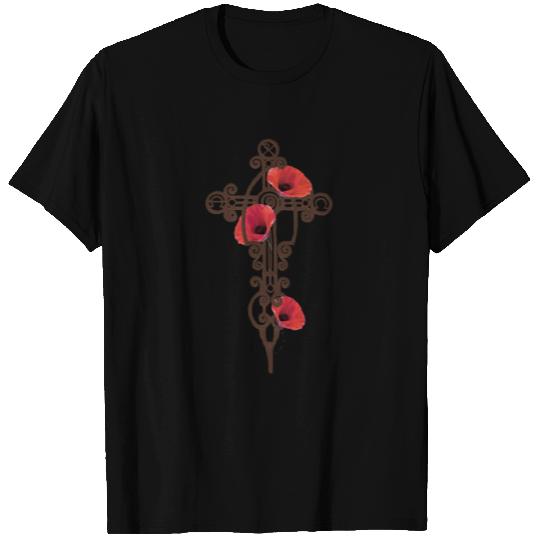 Iron Cross Rusty With Red Poppies T Shirts