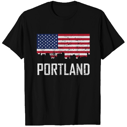 Portland Maine Skyline American Flag Distressed T Shirts