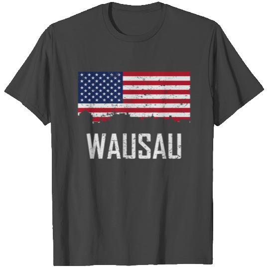 Wausau Wisconsin Skyline American Flag Distressed T Shirts