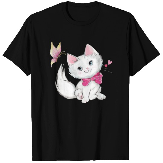 Cute White Kitten with Butterfly on pastel T Shirts