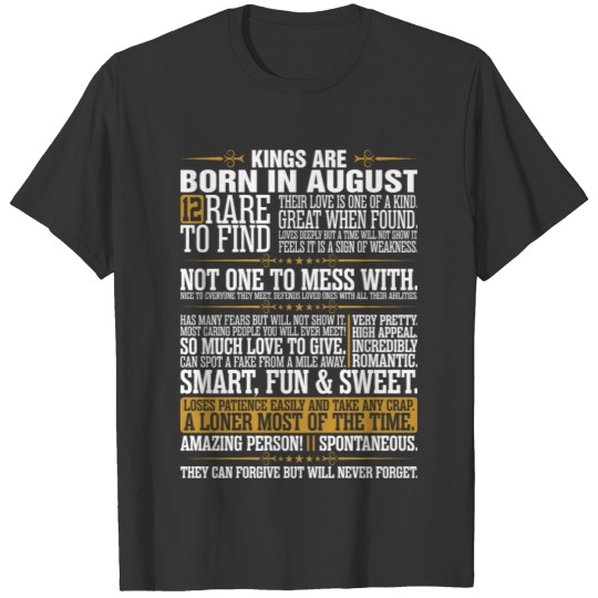12 Rare To Find Kings Are Born In August T-shirt
