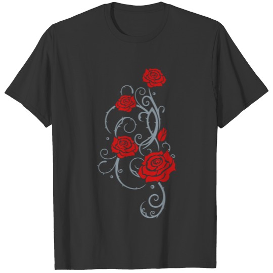 Beautiful red roses with thorns and leaves. T-shirt