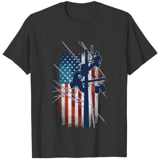 Gift For Lineman - Lineman with American Flag Shir T-shirt