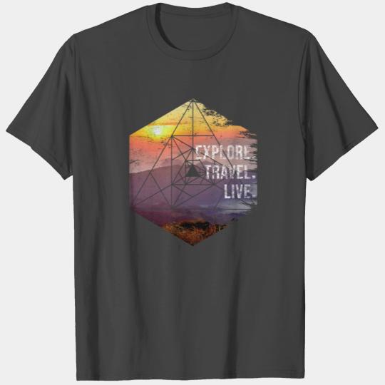 Explore. Travel. Live - Geometric Hexagon Sunrise T Shirts