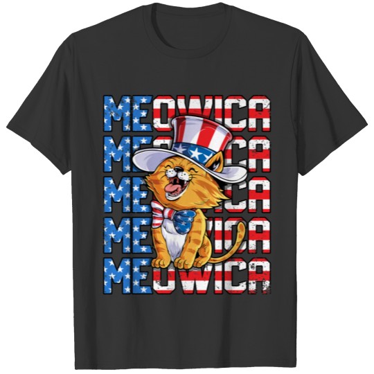 Meowica 4th of July T Shirts Merica Cat American Flag Uncle Sam Women Kids