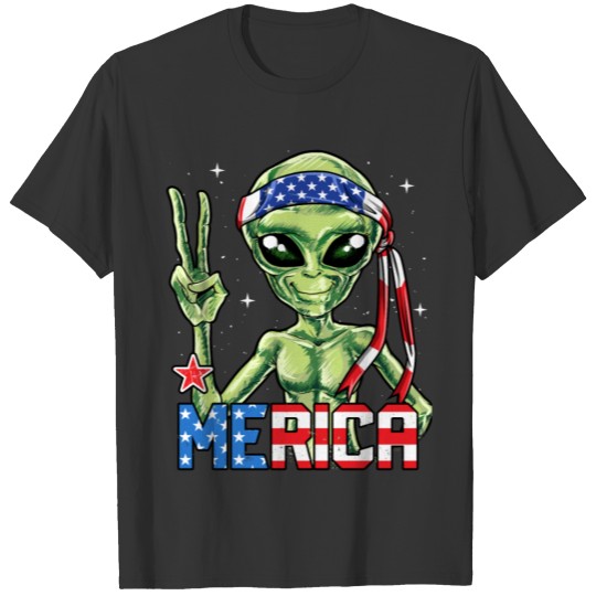 Alien Merica 4th of July T Shirts Men American Flag UFO Gifts Kids Boys