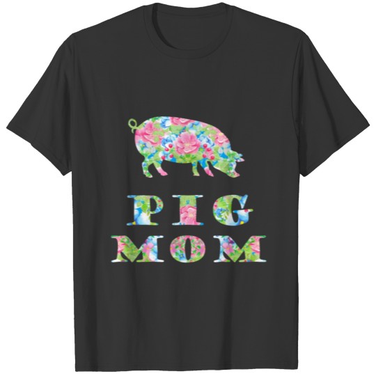 Pig Mom Floral Pigs Silhouette Pink Blue Flowers T Shirts