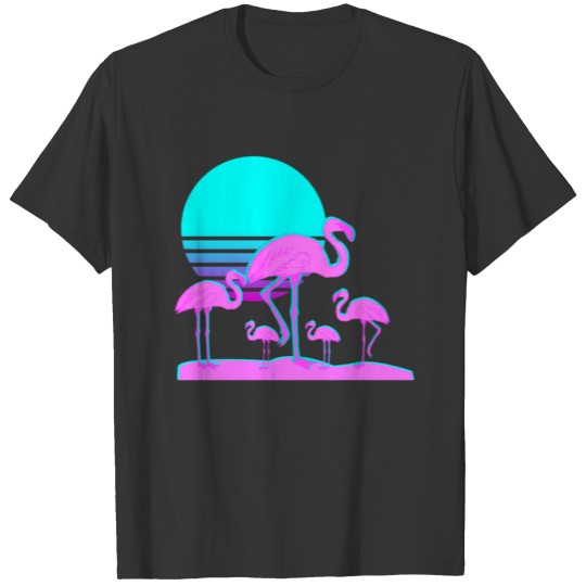 Flamingos Aesthetic Vaporwave Retro 1980s Sun Set T Shirts