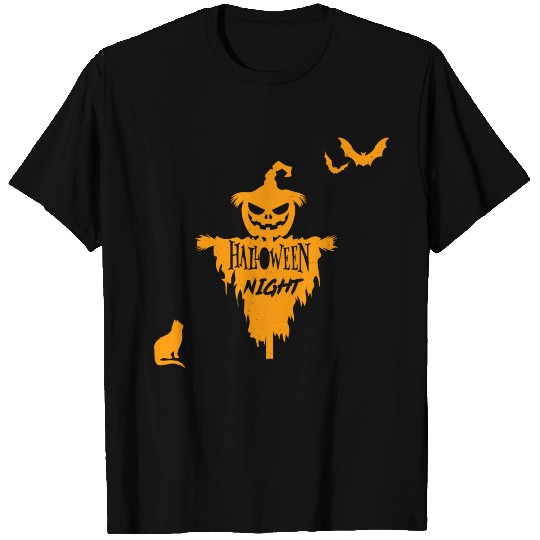 Happy Halloween Night Scarecrow Cat & Bats T Shirts