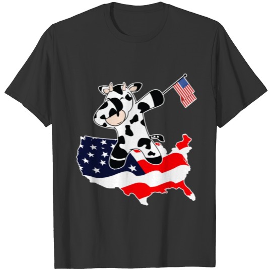 Funny Dabbing Cow on American Flag Map T-shirt