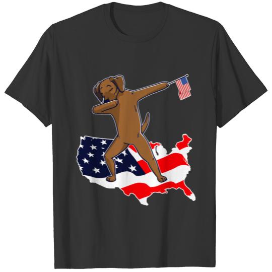 Funny Dabbing Rhodesian Ridgeback on American Flag T Shirts