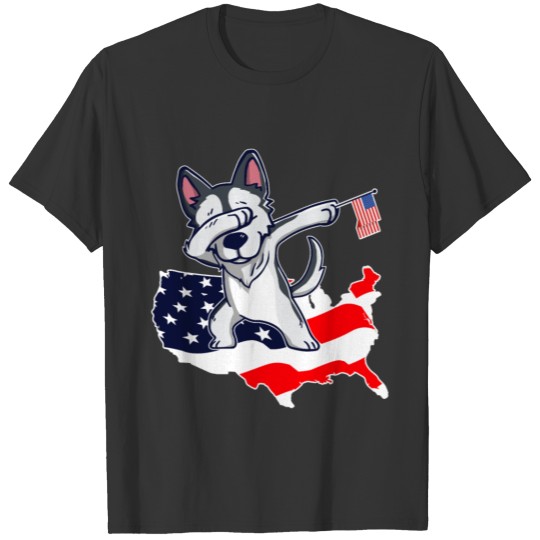 Husky - Funny Dabbing Husky on American Flag Map T-shirt