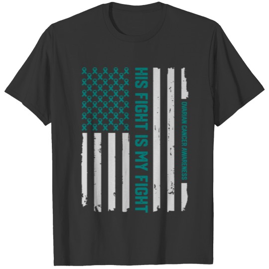 Teal Ovarian Cancer Awareness Ribbon American Flag T-shirt